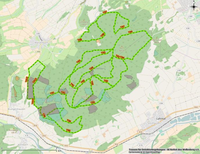 Trassen für systematische und großflächige Detektor-Begehungen